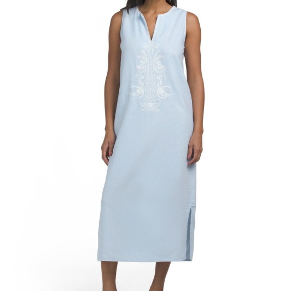 New TAHARI Linen Blend Embroidered Blue Midi Dress Size M